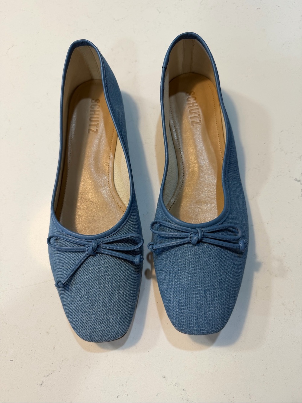 SCHUTZ Denim Blue Square-Toe Ballet Flats with Bow